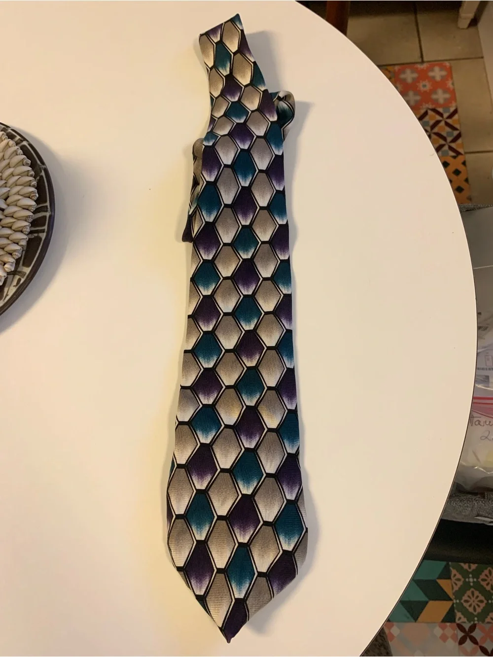 Hexagon-Pattern Men's Silk Tie in Teal, Purple, and Silver